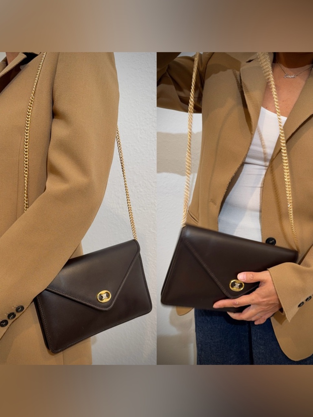 Auth Vintage 1990s Celine Triomphe Envelope Dark Brown Leather Clutch Bag - Picture 3 of 14